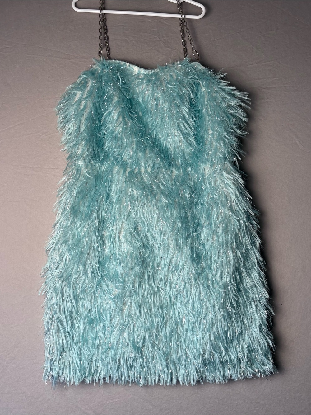Hot & Delicious Aqua Feather-Textured Party Dress with Chain Straps